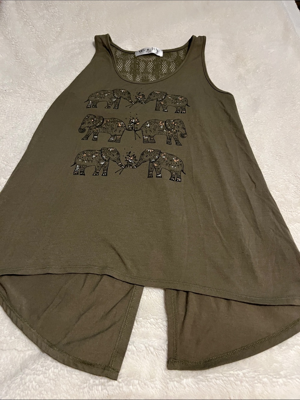 Olive Green Elephant Print High-Low Tank